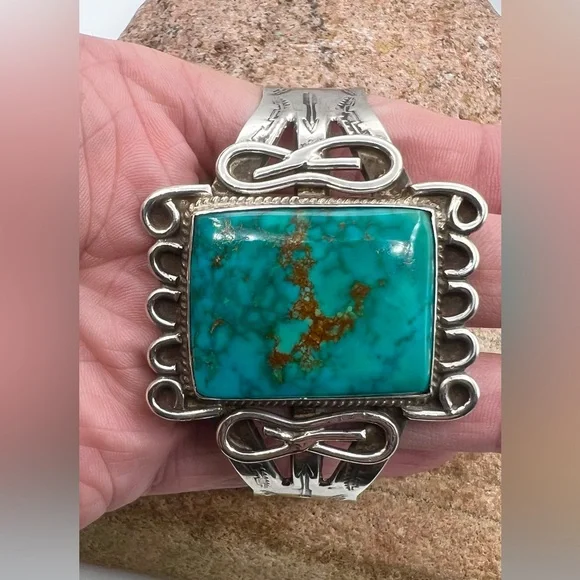 Navajo Fred Harvey Southwest Sterling Silver Natural Turquoise Cuff Bracelet 7" - Picture 4 of 8